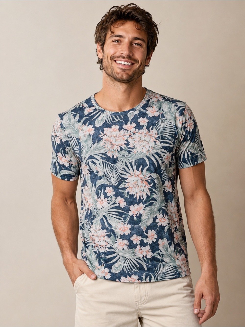 Chubbies Tropical Floral Performance Tee Shirt Large Blue Hawaiian Palm Print